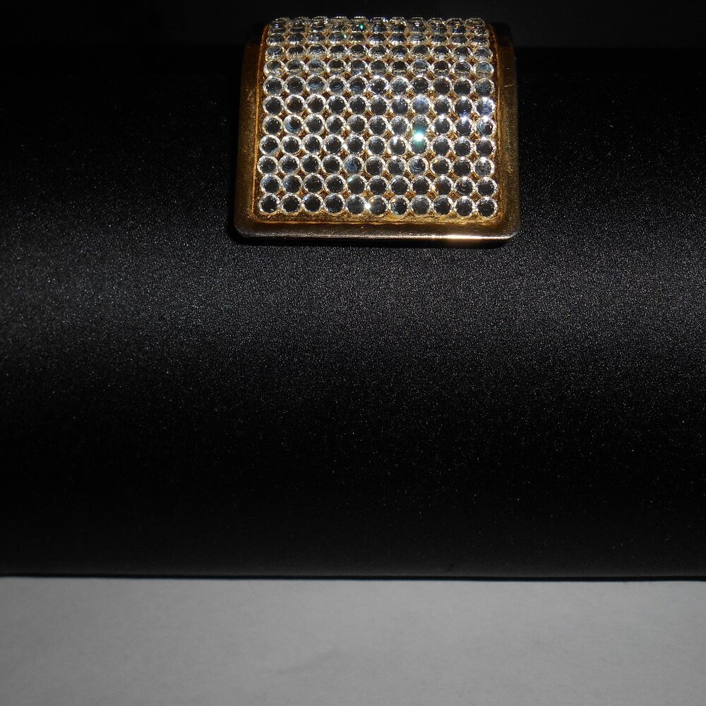 BLACK SATIN HARD TOP EVENING BAG WITH GOLD PLATED & RHINSTONE BUCKEL